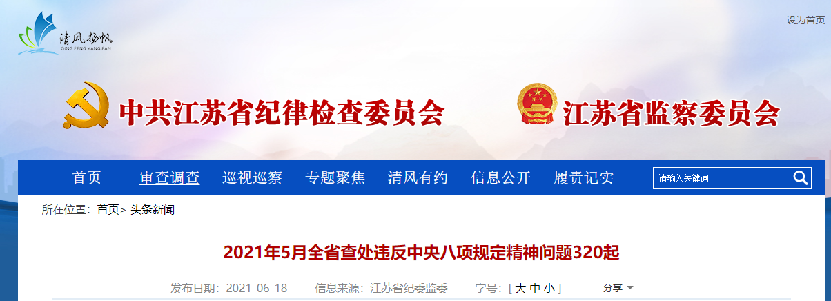 江蘇:2021年5月查處違反中央八項(xiàng)規(guī)定精神問題320起,處理517人