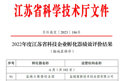 鹽城大數據創業園榮獲省級科技企業孵化器“優秀”等次，江蘇數字經濟發展再添新動能